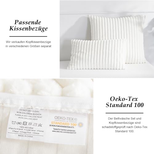 Lanqinglv Plüsch Bettwäsche 155x220 cm Weiß Flauschig Langhaar Kunstfell Streifen Winterbettwäsche Warm Kuschelig Flanell Fleece Cashmere Touch Bettbezug mit Reißverschluss und 1 Kissenbezug 80x80cm
