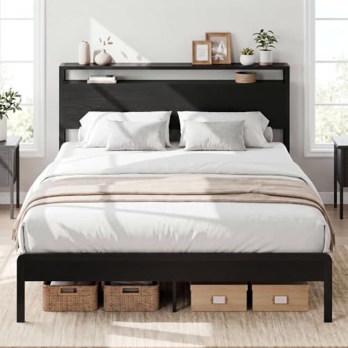 Image of LIKIMIO Queen Bed Frame with Headboard, Dark Wood Camas Queen with Strong Supports, Sturdy, Noise-Free, No Box Spring Needed, Classic Black