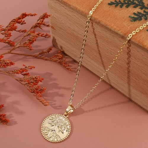 Chicgrowth Gold Tree Of Life Pendant Necklace For Women 14K Gold Plated Family Tree Coin Necklace Adjustable Chain Elegant Circle Round Engraved Tree Charm Initial Necklace Plant Jewelry Gift For Her thumb #2