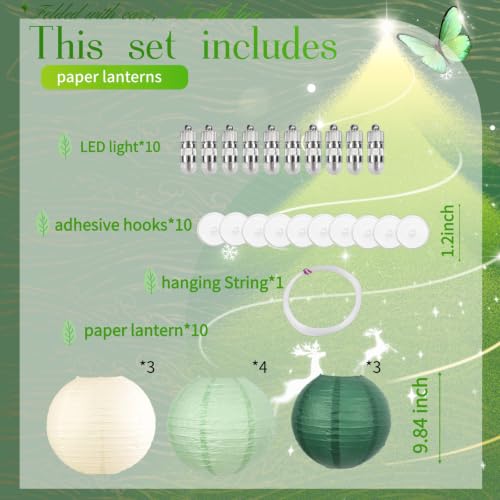 Image of Boho Chinese Paper Lanterns LED Lights, 10-Pack 10inch | Hanging Lights in Cream, Sage & Forest Green for Garden Party, Boho Wedding, Birthday Decorations & Home Party