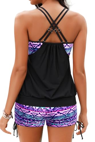 Image of Holipick Tankini Swimsuits Two Piece Tummy Control Bathing Suits Blouson Swim Tank Top with Boy Shorts