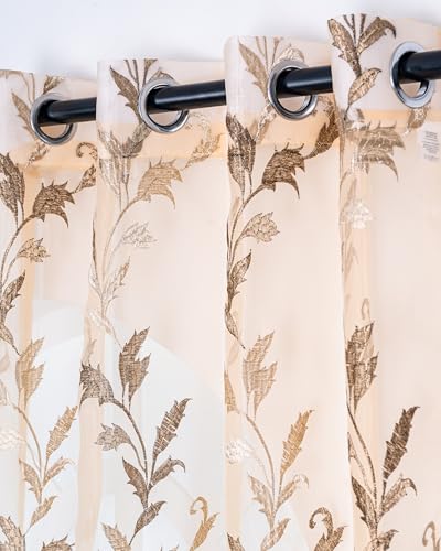 Image of (5 Ft Tissue Fabric Embroidered Curtain | Leaf Design Grommet Curtains Window Curtain | Vintage Classical Floral Print | For Home | Brown (Pack Of 2) | 152 L X 121 W Centimeters