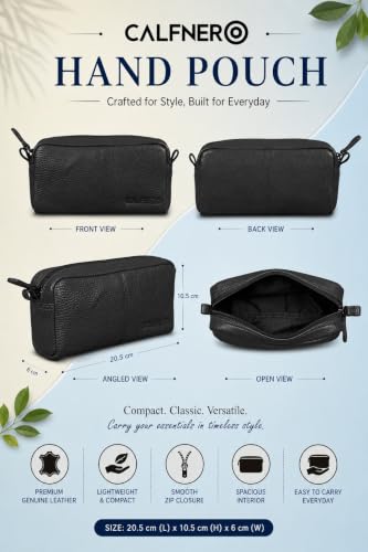 Image of Calfnero Genuine Leather Toiletry Bag for Men & Women | Premium Leather Travel-Pouch | Toiletry Organizer | Cosmetic & Shaving Kit Bag | Unisex Travel Dopp Kit (Black)