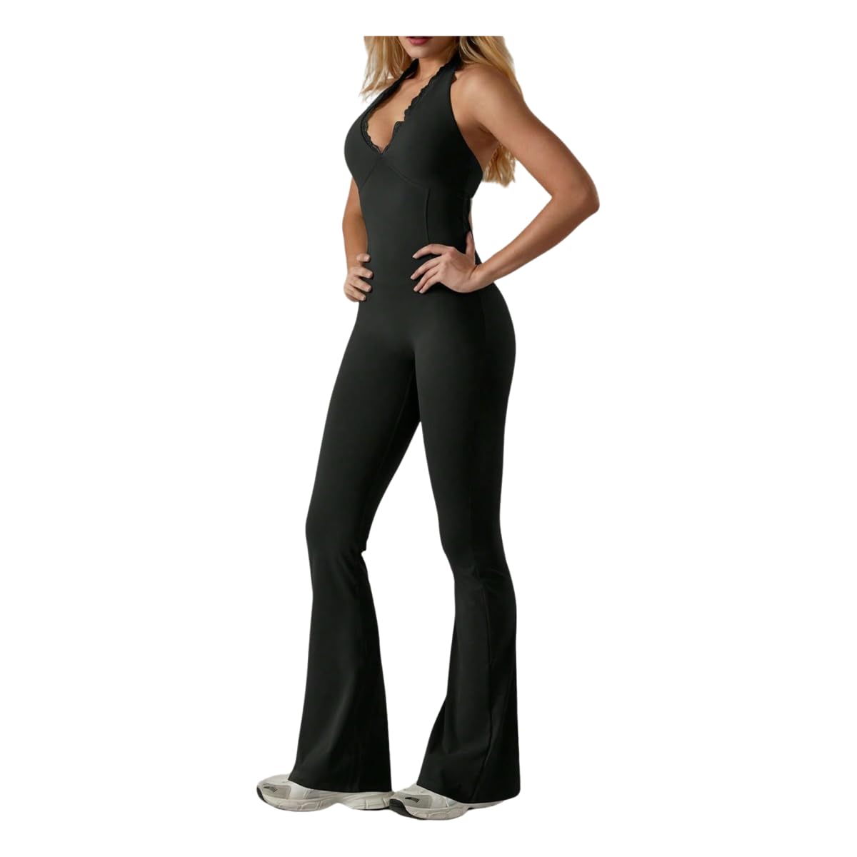 Ropa de Yoga para Mujer Body con Cuello En V Encaje, Traje Deportivo Alta Elasticidad Halter Acampanado, Deportiva Una Pieza-re-s
