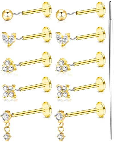 20G 18G 16G Gold Threadless Flat Back Earrings Surgical Steel Push in Nose Stud Rings 18K Gold Plated Hypoallergenic Cartilage Earring Set Helix Conch Medusa Tragus Piercing Jewelry for Women