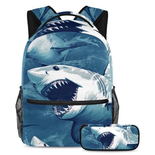 Sac à dos requins bleus grand format avec trousse scolaire pour garçon et fille