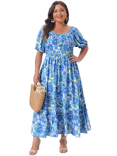 Image of Agnes Orinda Plus Size Dress for Women Short Sleeve Shirred Square Neck Floral Maxi Long Dresses