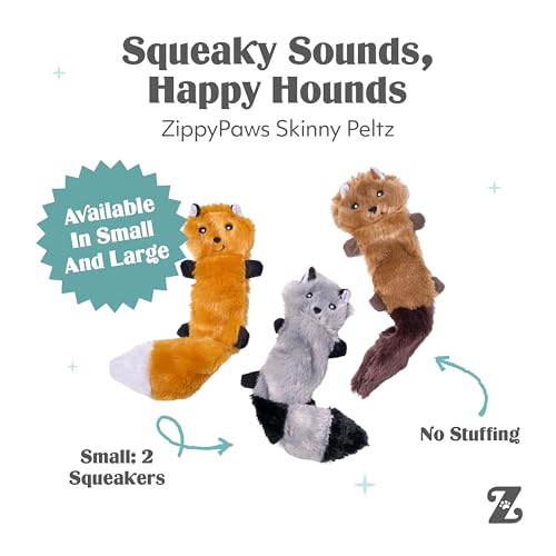 Image of ZippyPaws Skinny Peltz - No Stuffing Dog Toy Pack to Keep Them Busy, for Small and Medium Dogs, Squeaky Pet Toys, Unstuffed Chew Toys, Soft Plush Variety Pack, Fox, Raccoon, and Squirrel - 11 inch