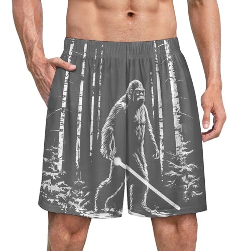 Sasquatch Bigfootw with Laser Swords Men's Pajama Shorts Elastic Waistband Beach Shorts Soft Sleep Lounge Pants with Pockets