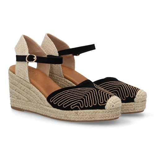 99988 Sandalia Valenciana Tipo Alpargata de Cuna para Mujer con Diseno de Adornos metalicos. Tachuelas pequenas. Ideal Primavera Verano. Cierre de Hebilla. Ideal para Uso Diario. Negro Talla 38