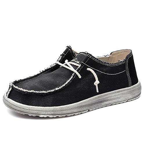 Driving Loafer for Men Boat Moccasins Lace Up Style Canvas Material Simple Casual Round Toe(Black,10 M US)