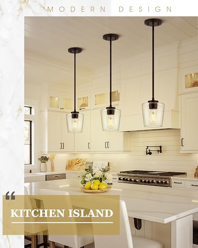 Image of Black Pendant Light for Kitchen Island, 6 inch Clear Glass Shade | Modern Hanging Light Fixture, Kitchen Pendant Lighting Over Island for Dining Room, Adjustable Height, AD-22004-1P-BK-C