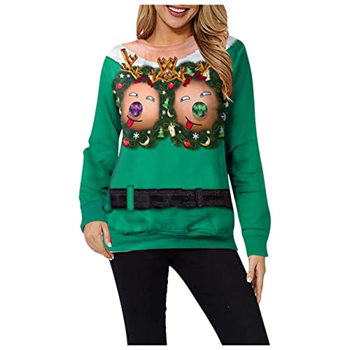 Pull Noel Rigolo Femme Pull Noël Femme Drole Pull de Noel Femmes Ugly Christmas Jumper de Noel Col Rond Moches Pullover Moche Sweat Shirt Noel Sweatshirt Imprimé Cover