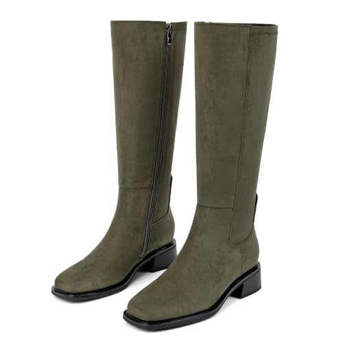 Image of QIY Knee High Boots for Women Low Heel Flat Tall Boots | Stretch Boots, Chunky Heel Womens Boots, Square Toe Heeled Fall Winter Dress Riding Long Boot with Side Zipper