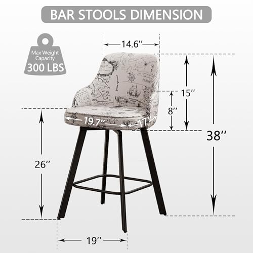 Image of Swivel Counter Bar Stools Set of 3 with Back, Fabric Kitchen Barstool