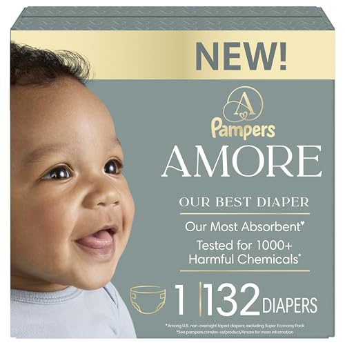 Image of Pampers Amore, Size 1 (8-14 lbs), 132 Count, Our Best Diaper – Hypoallergenic & Fragrance Free, Up to 100% Leakproof, Soft as Cashmere
