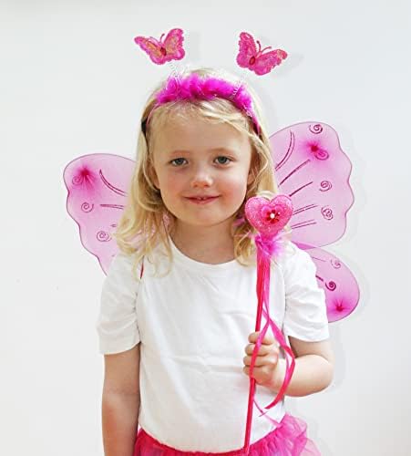 Fun Play Fairy Costume Fancy dress up for girls Butterfly Wings, Tutu, Magic Wand and Headband set- butterfly costumes angel wings for 3-8 year years girls Hot Pink Colour