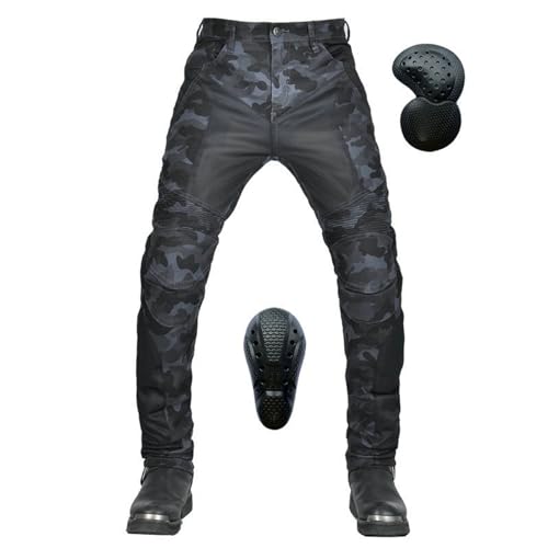 SHAIYOU Pantaloni Protettivi da Moto Jeans Mimetici da Uomo Traspiranti e Resistenti All'usura con 2 Paia di Protezioni Per Fianchi e Ginocchia Rimovibili (Blue,L)