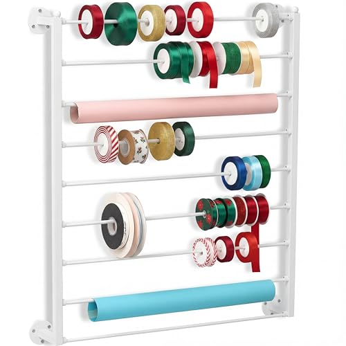 Image of Menkxi 9 Tier Wall Mounted Ribbon Organizer Metal Ribbon Holder Organizer Rack Wrapping Paper Storage for Sewing Craft Mesh Thread Tape Wreath Crochet Craft Room Flower Shop(White)