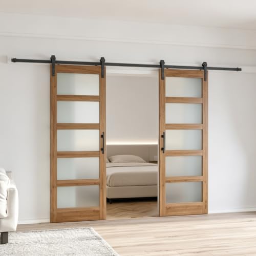 Image of FREDBECK 60 x 80 inch Frosted Glass Barn Doors with Hardware Kit Included