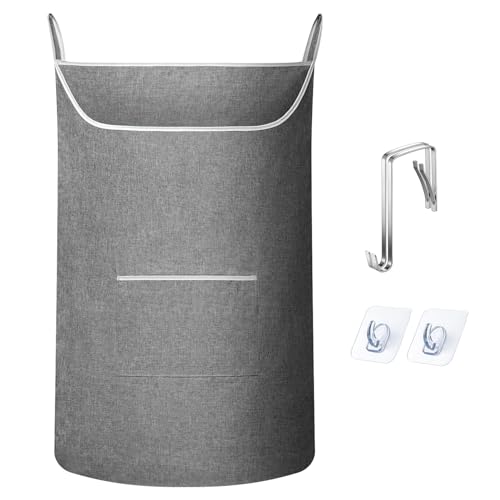 Image of SAVERHO X-Large Hanging Laundry Hamper Bag, Door Hanging Hamper with Front Pocket Dirty Clothes Hanging Laundry Bag Large Size 35X22 inch Door Laundry Basket (Grey)