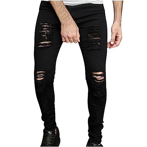 XUNRYAN 2024 Pants for Men Skinny Stretch Distressed Ripped Destroyed Slim Jeans Denim Pants Fashion Trousers w Pockets