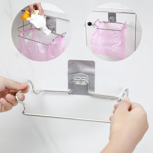 Junvaia Wandmontiert Müllsackhalter für Müllbeutel und Tüten, Müllsackständer mit Klebefolie aus Edelstahl, Müllsackhalter für Schranktüren und Schränke, Plastiktütenhalter unter der Spüle
