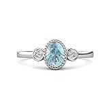Sterling Silver 925 Aquamarine Bezel Set Oval 7x5mm Three Stone Ring With Rhodium Plated Ring For Woman's (J)