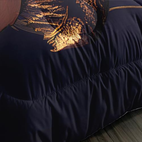 Image of AILONEN Blue Rose Comforter Set - Full Size, Gold Rose Leaves Printed Bedding Set, 3 Pieces Bed in a Bag Flower Printed Comforter Set, 1 Quilt with 2 Pillowcases