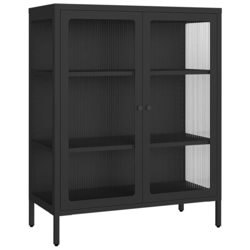 skølm Norns Metallkommode mit Glastüren – Vitrinenschrank Schwarz – Sideboard mit 3 verstellbaren Fächern – Glasvitrine 80 cm – Kommode für Wohnzimmer/Flur – Buffetschrank mit geriffelter Front