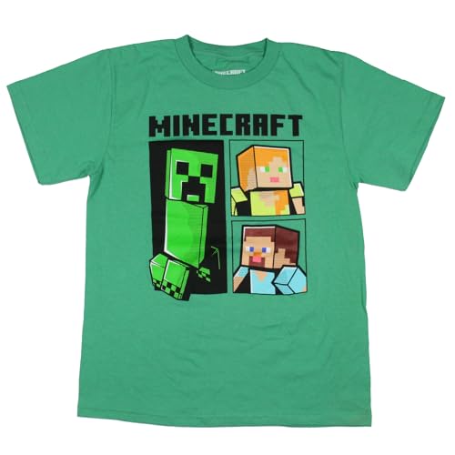 Minecraft Boy's Creeper Steve and Alex Panel Graphic Print T-Shirt