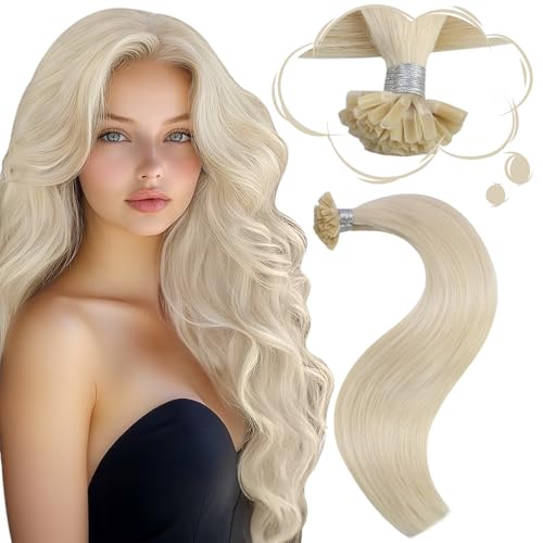 Image of Moresoo Human Hair Platinum Blonde U Tip Hair Extensions, 14'' #60, 40G /50S, Fusion, Straight, Unisex | 40g 50 strands, pre-bonded keratin tips, fine hair, platinum blonde match, shoulder-length hairstyles
