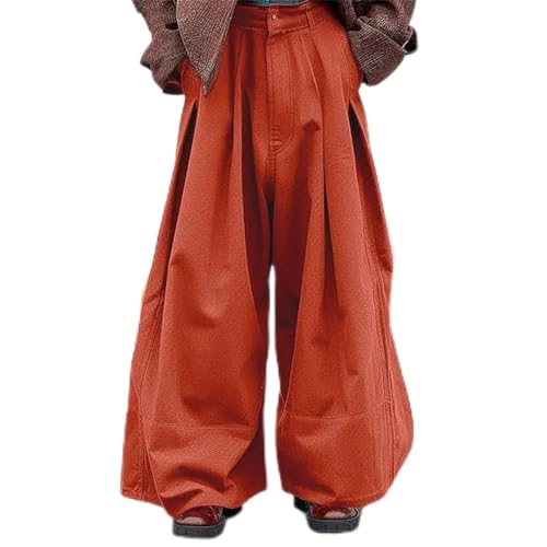 Men Loose Wide Leg Long Pants Solid Buttons Pleated Casual