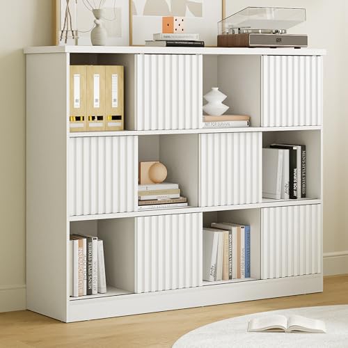 iPormis Cube Storage Organizer with Fluted Sliding Doors, Wooden Storage Cabinet Bookcase, Freestanding Bookshelf for Living Room Bedroom Office,White