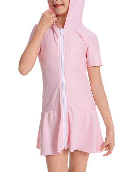 Image of Girls Sun Protective Swim Cover Up Hooded with Full-Length Zipper Short Sleeve UPF 50+ Beach Dress Coverup