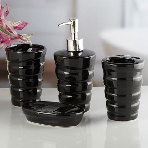 Image of Kookee Ceramic Bathroom Accessories Set of 4, Modern Bath Set with Liquid handwash Soap Dispenser and Toothbrush Holder, Luxury Gift Accessory for Home, Black (10238)