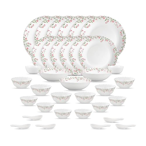 La Opala Opal Glass Crockery | for Family of 6 | Dinner Set 35 pcs Spring Meadows | Plates & Bowls for Dining | Microwave Safe | 100% Vegetarian | Ext
