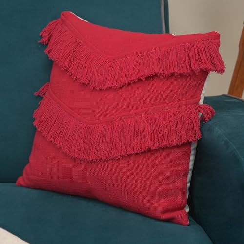 Image of Cotton Cushion Covers 16 inch x 16 inch | Boho Shaggy Square Decorative Cushion Cover for Bedroom | Hand Made Boho Throw Pillow Cover for Sofa (Set of 1, 16 * 16)