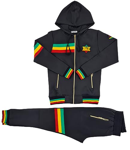 Time Is Money Men's Urban Designer Rasta Lion Tracksuit, Black, Red, White, Olive with Gold Zip2