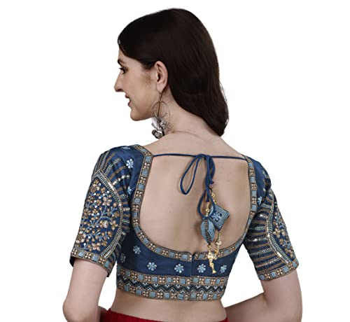 Image of Pujia Mills Mills Women's Fancy Readymade Heavy Coding Embroidary Worked Half Sleeve Multicolor Saree Blouse(Mushroom)