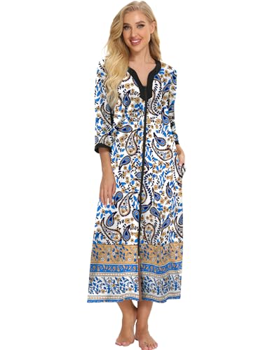 Image of Bloggerlove House Dresses for Women Zip Up Robes Soft Cotton Nightgown Half Sleeve House Coat Long Night Gowns Sleepwear
