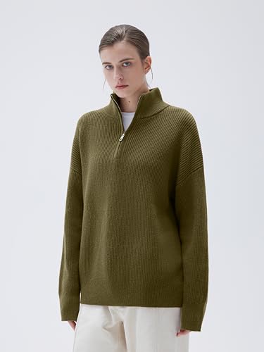 Image of SUUKSESS Women Cashmere Blend Oversized Quarter Zip Pullover Sweater Long Sleeve Collared Ribbed Knit Jumper Tops