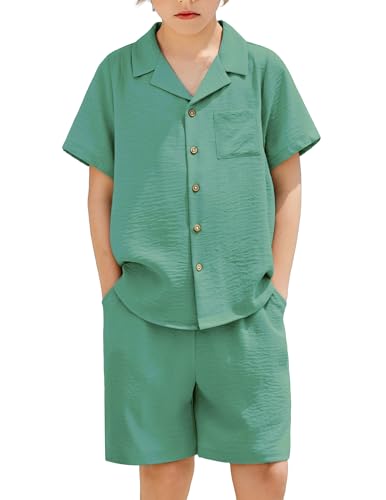 Image of Arshiner Boys 2 Pieces Summer Beach Outfits Short Sleeve Button Down Shirts and Shorts Vacation Texture Sets for Kids