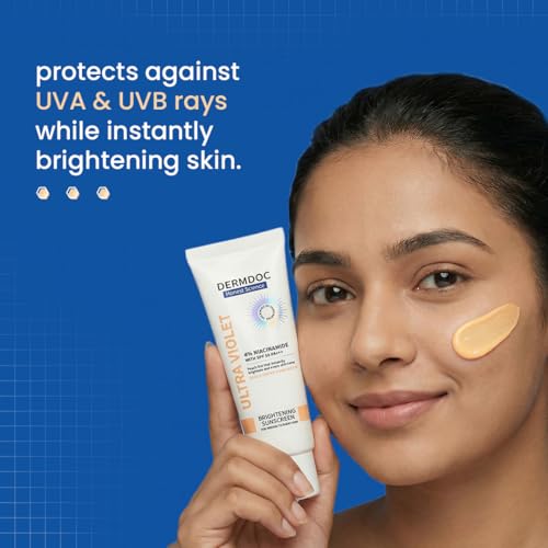 Image of DERMDOC SPF 50 Ultra Violet Brightening Tinted Sunscreen with 4% Niacinamide, 50 gm | PA +++ | With Peach Tint | Lightweight | UVA & UVB Protection | For Medium To Dusky Skin | Improves Skin Texture | Breathable & Weightless Finish | 4% Niacinamide, PA +++, Peach Tint, UVA & UVB Protection, Medium To Dusky Skin