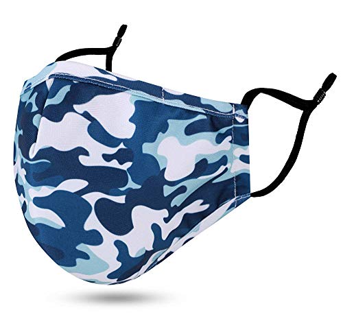 Kids Childrens Cloth Face Madks Reusable Washable with Designs for Boys Girls, 2 Layers Child Madks with Adjustable Earloops and Nose Wire, Camo Blue / 5-10T