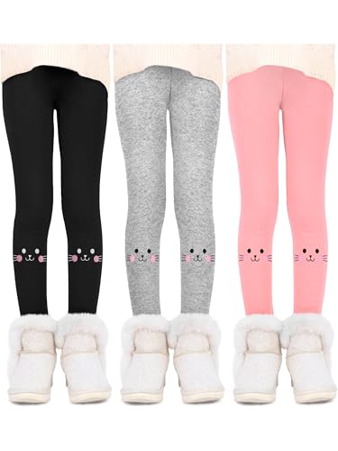 Resinta 3 Pack Girls Fleece Lined Leggings Kitty Pattern Thick Pants Footless Velvet Tights Warm Clothes for Kid