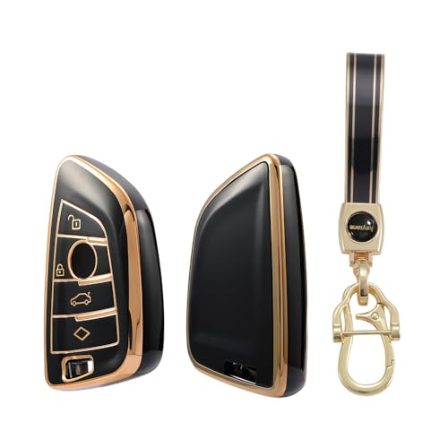Image of Keyzone TPU car Key Cover Compatible for BMW X1, X3, X6, X5, 5 Series, 6 Series, 7 Series 4 Button Smart Key (Type2) (Gold Black with Gold Black Keychain)