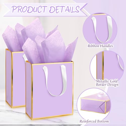 Image of Yeaqee 24 Pack Metallic Paper Gift Bag with Tissue, Light Purple, Gold | with Satin Ribbon Handle and Tissue, 9x7x3.1 Inch, Suit Business, Birthday, Christmas, Thank You Return Gifts Bags