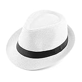 FALETO Unisex Summer Panama Straw Fedora Hat Short Brim Beach Sun Cap Classic (#01 White)