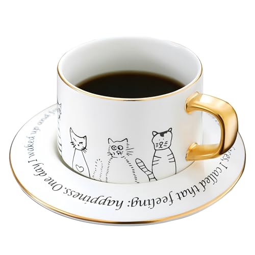 Ceramic Cat Motif Coffee Cup and Saucer Set, White Ceramic Mug With Plate, Classic Cup for Milk, Juice, Latte, Tea, Cappuccino, Mocha